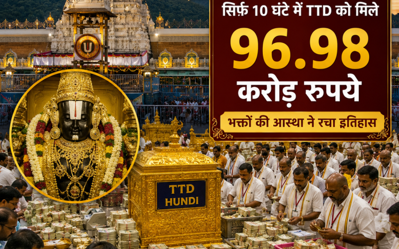 तिरुमला मंदिर में दान का नया रिकॉर्ड: सिर्फ 10 घंटे में TTD को मिले 96.98 करोड़ रुपये, भक्तों की आस्था ने रचा इतिहास