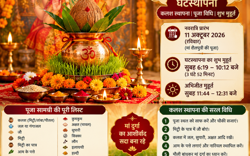 Shardiya Navratri 2026: घटस्थापना के लिए नोट कर लें पूजा सामग्री और शुभ मुहूर्त, जानें कलश स्थापना की सरल विधि